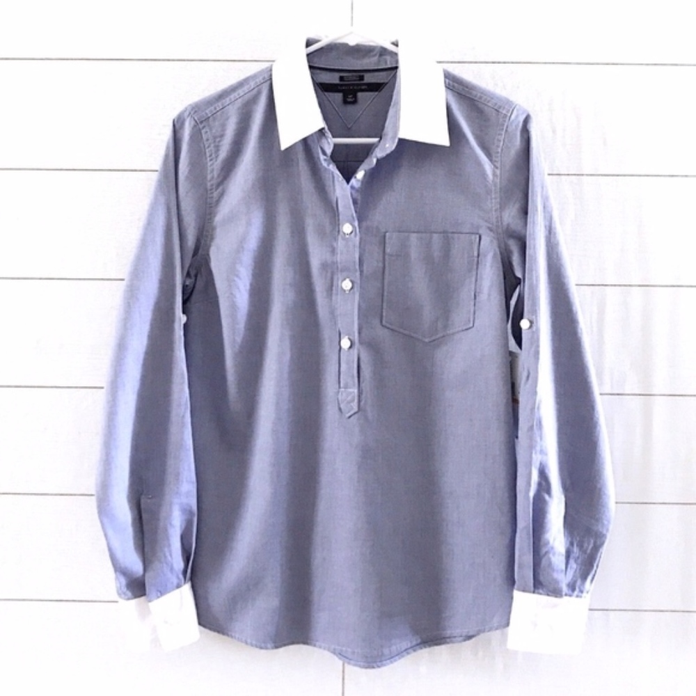 Tommy Hilfiger Blue White Long Sleeve Popover Top - Picture 2 of 8